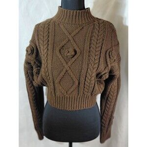 Forever 21 Sweater Womens Small Brown Cable Knit Long Sleeve Cropped Mock Neck
